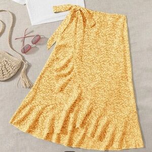 SHEIN Yellow Floral Wrap Skirt